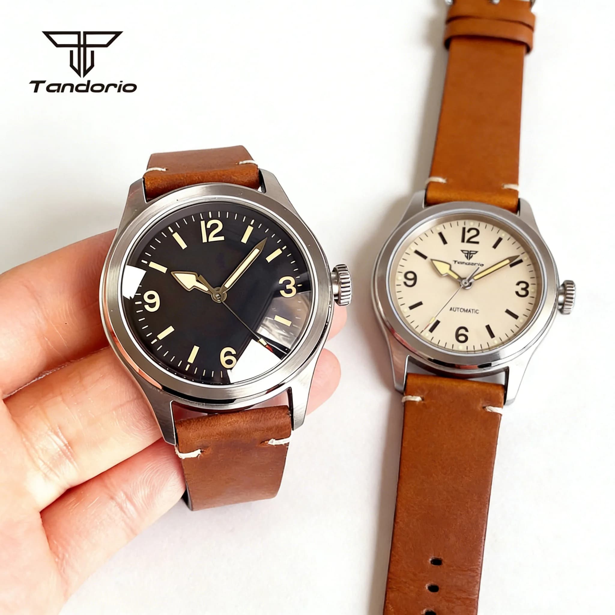 Orologio da Polso Meccanico Automatico Vintage Tandorio 38mm per Uomo, NH35/Asia2824, Vetro Zaffiro, Luminoso, Stile Pilota, Fondello Trasparente