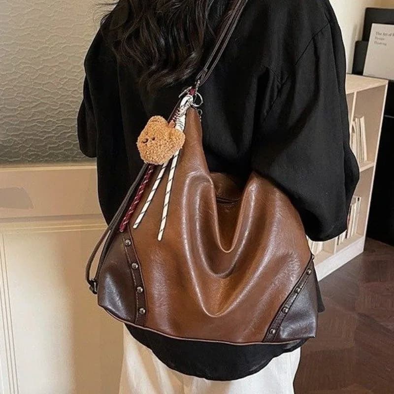 Women's Vintage Oil Wax Faux Leather Large Tote Shoulder Bag with Rivet Trim, Casual Style for Work, School & Daily Errands