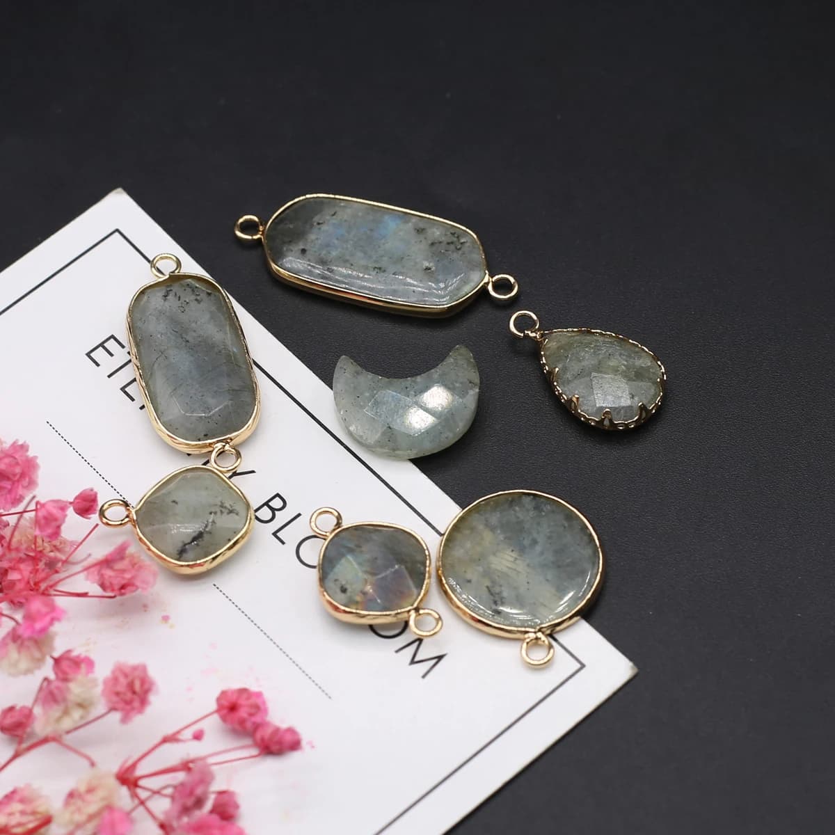 Ciondolo con labradorite flash naturale, connettore con pendente in quarzo di cristallo naturale per la creazione di collane di orecchini di gioielli a pendolo