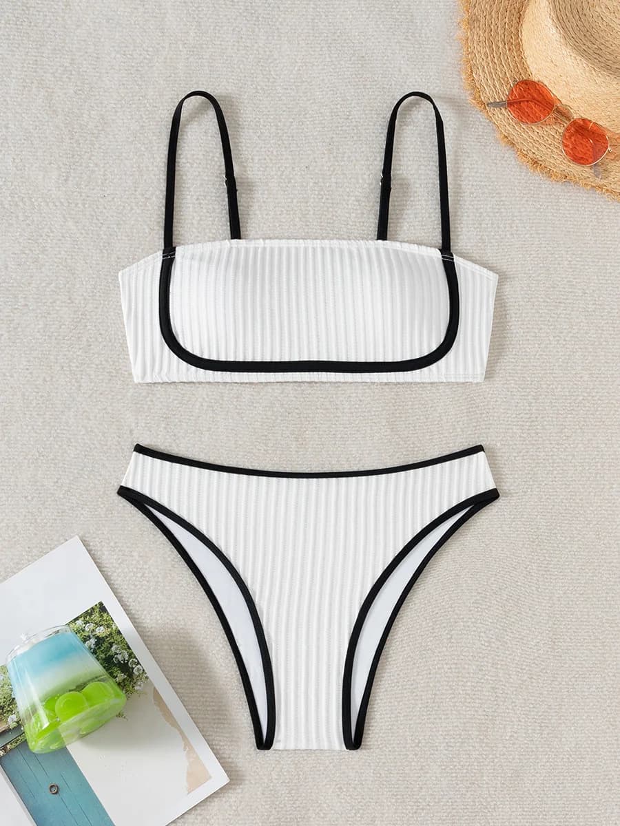 XS - L Bikini a vita alta effetto stropicciato da donna, costume da bagno a fascia, set bikini due pezzi, abbigliamento da spiaggia