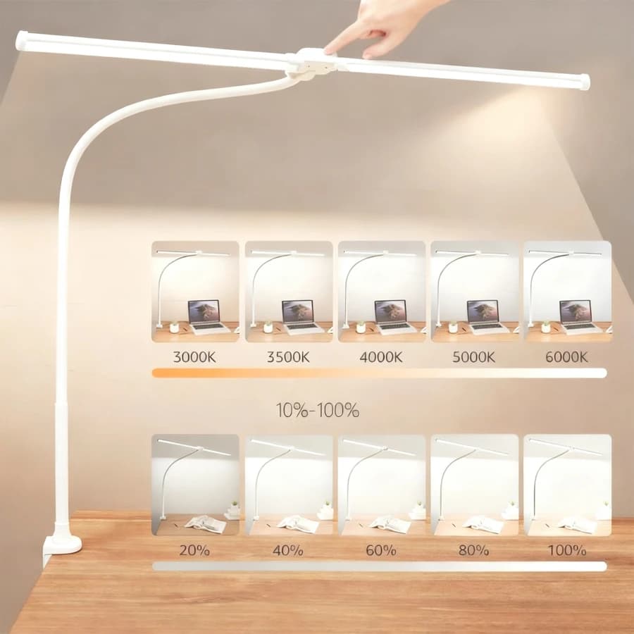 LED desk lamp with touch switch for home office, light for architect Eye-Care with clamp, table lamp with double head computer monitor clip