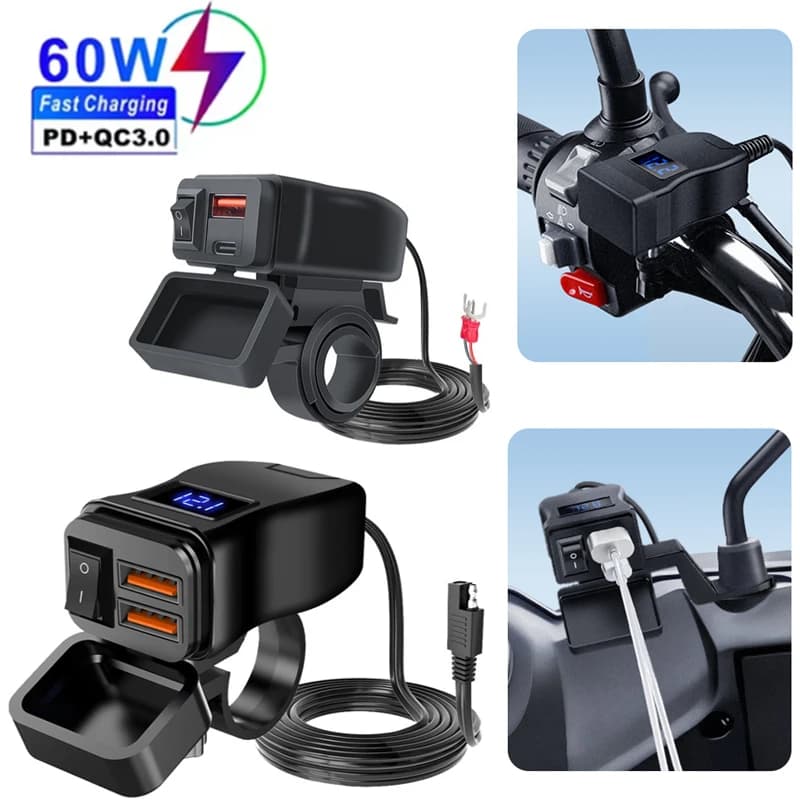 Quick USB Charger for Moto PD+QC3.0 100W, Dual USB socket for Handlebar with Digital Voltmeter, 12V Power Adapter Waterproof