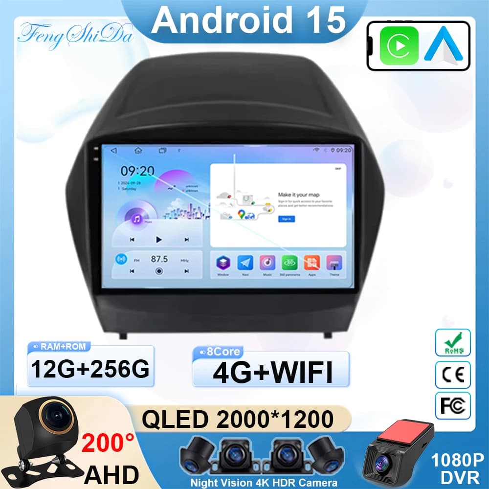 Autoradio Android 15 con Carplay per Hyundai Tucson 2 LM IX35 2009-2015, Navigatore GPS, Lettore Multimediale, WiFi, Stereo, Bluetooth, Telecamera 360°