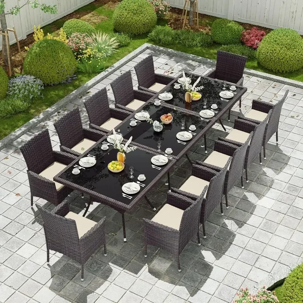 15-Piece Outdoor Dining Set with Rattan Furniture, Square Glass Table, 12 Cushioned Chairs, and Umbrella Hole