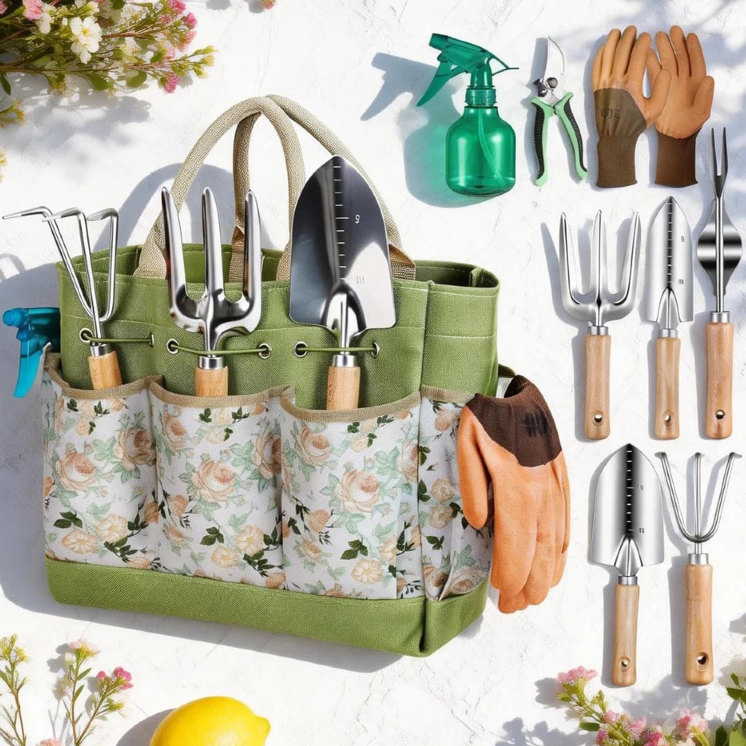 9-Piece Heavy Duty Garden Tool Set with Organizer Handbag Rust-Proof Gardening Tools for Women Fashionable Hand Garden Tools Gif