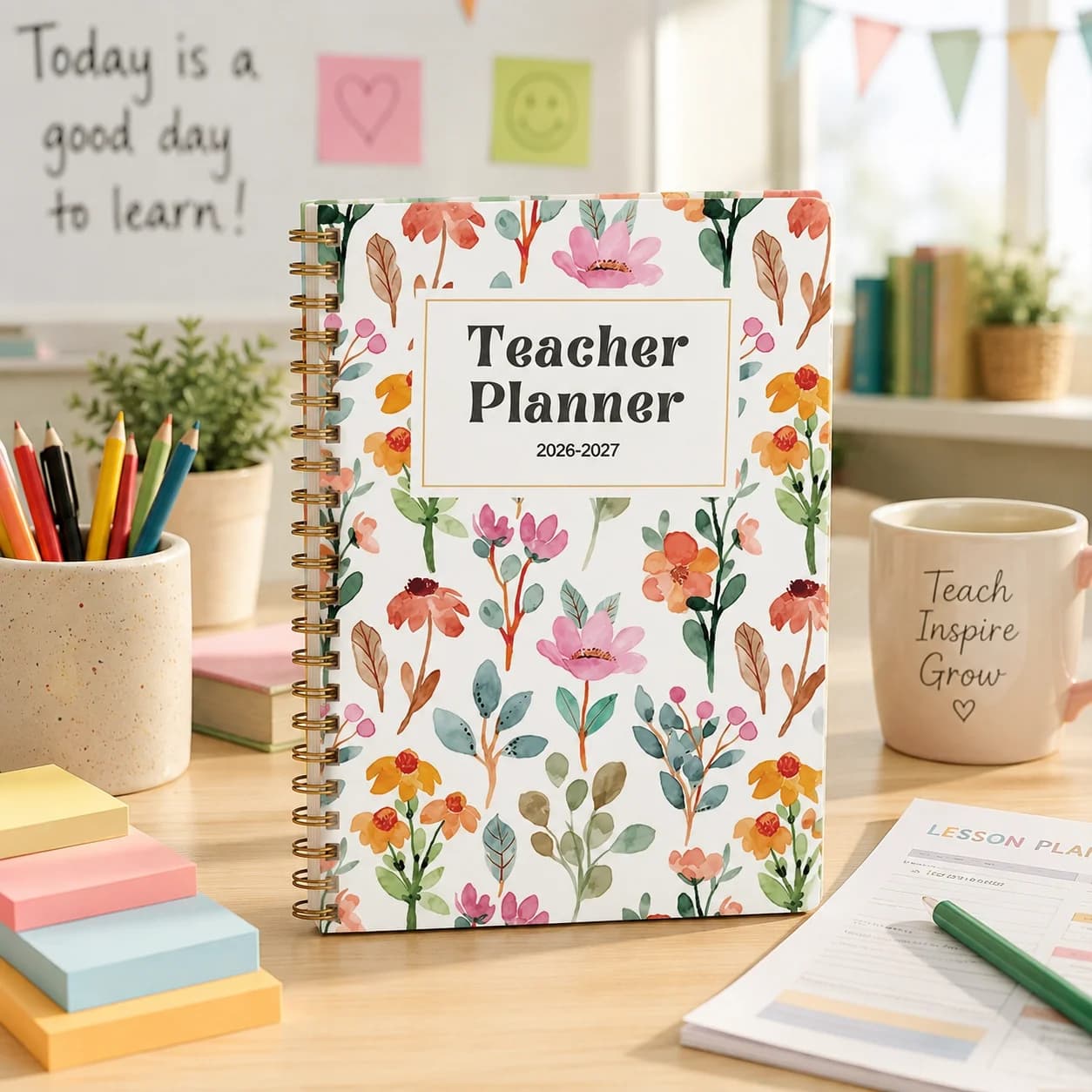 Teacher Planner 2026-2027 A5 Weekly Monthly Organizer Floral Academic Lesson Schedule Notebook Spiral Bound Planner for Teachers