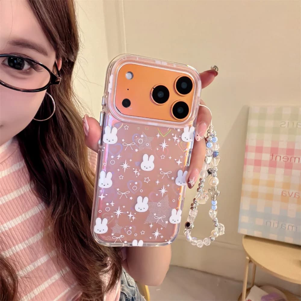 Custodia per cellulare con fiocco a stella carino amore coniglio per iPhone 13 14 15 16 17 Pro Max con cerniera custodie antiurto per cartoni animati coreani INS