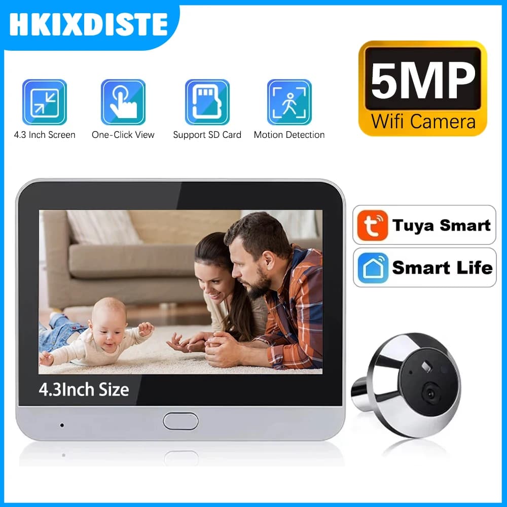 5MP Tuya Vita Intelligente Mini Home Visualizzatore Digitale Peepholes Porta Occhio WiFi IR Nessuna Esposizione Rossa Telecamera per Visione Notturna Baby Monitor da 4.3 Pollici