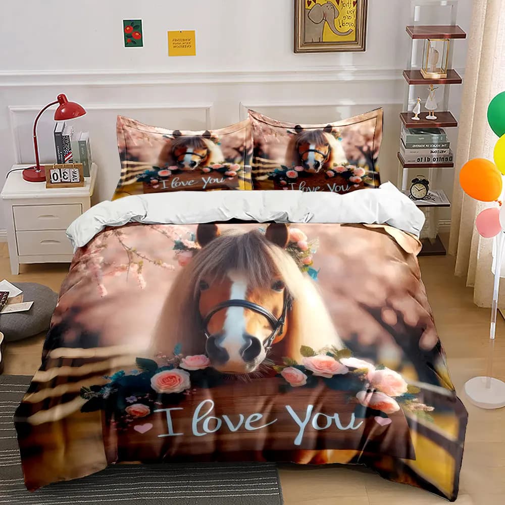Set di biancheria da letto romantico con decorazioni floreali e cavalli, con 1 copripiumino e 2 federe, singolo, matrimoniale, king, queen, idea regalo