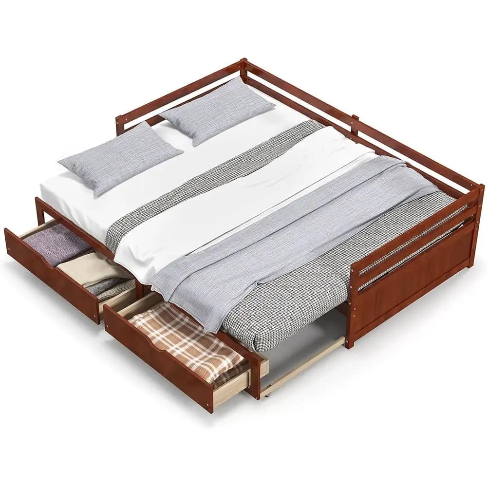 Space-Saving Dual-Use Daybed with Trundle, Expandable Twin to King, 2 Storage Drawers, No Box Spring Needed (Walnut)