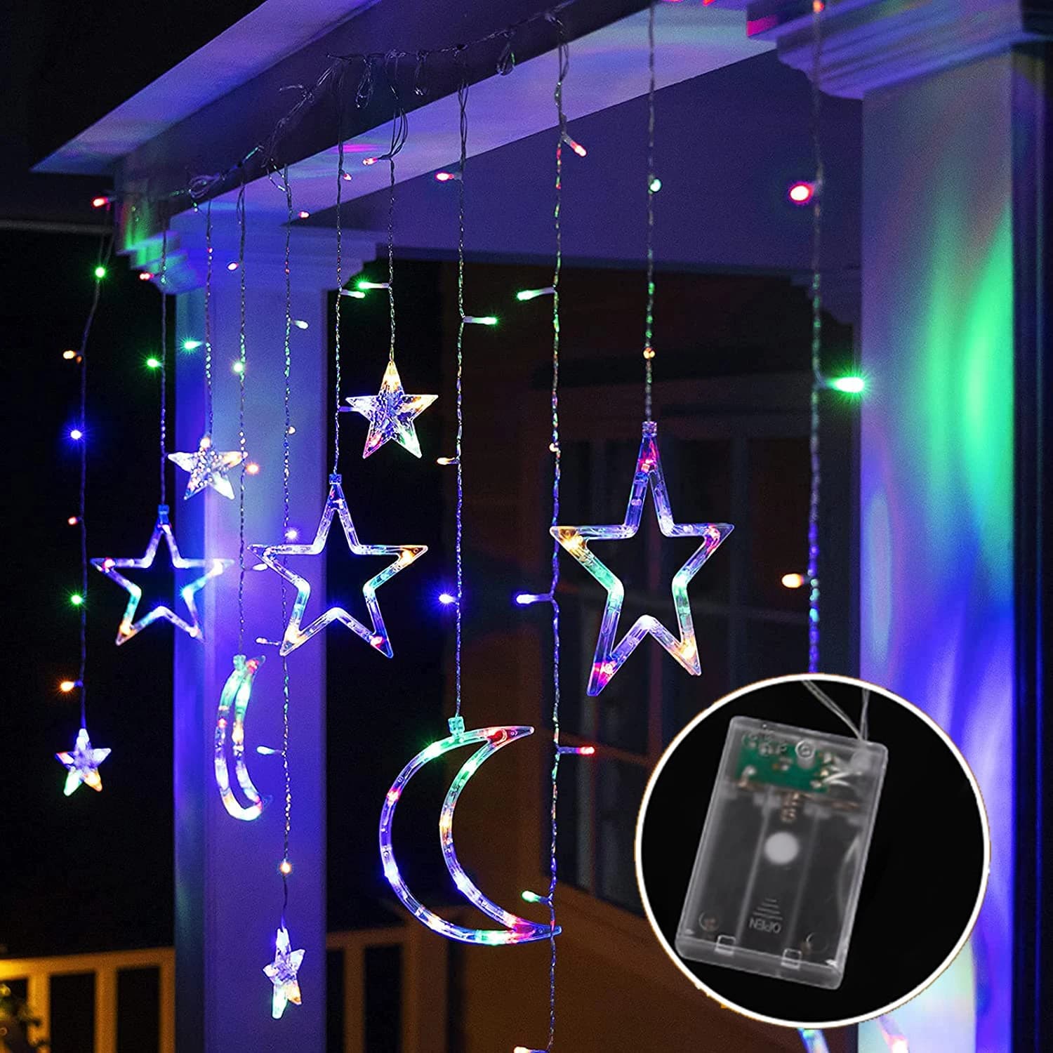 Luci LED a Batteria per Ramadan, Decorazione Festiva con Stelle e Luna, Tenda Luminosa RGB Calda per Feste e Decorazioni Ramadan