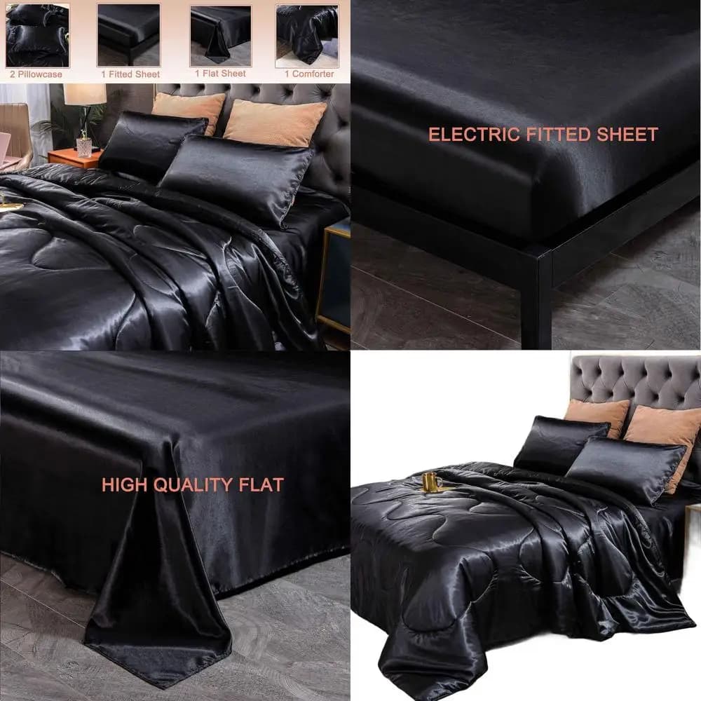 Queen Size Silk Down Set - Luxury 5 Piece Soft Bed Linen with Black Bed Cover, pillowcase, flat sheets and corners