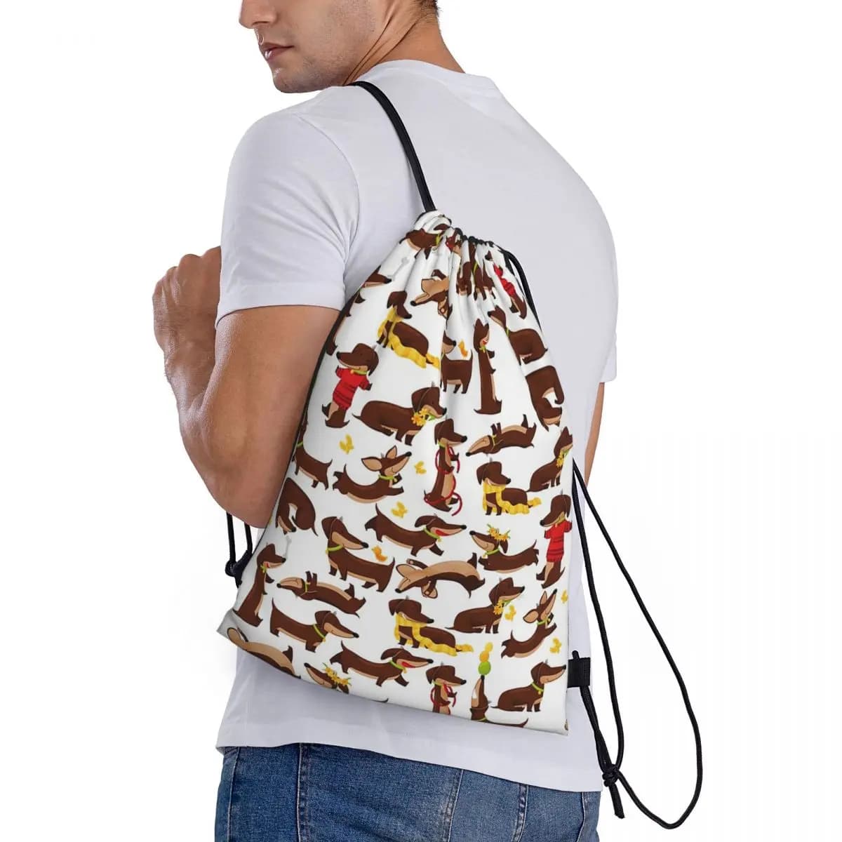 Divertenti zaini con motivo cane bassotto in stile cartone animato, borse multifunzione con coulisse, borse per scarpe, borse per libri, per uomo, donna, scuola