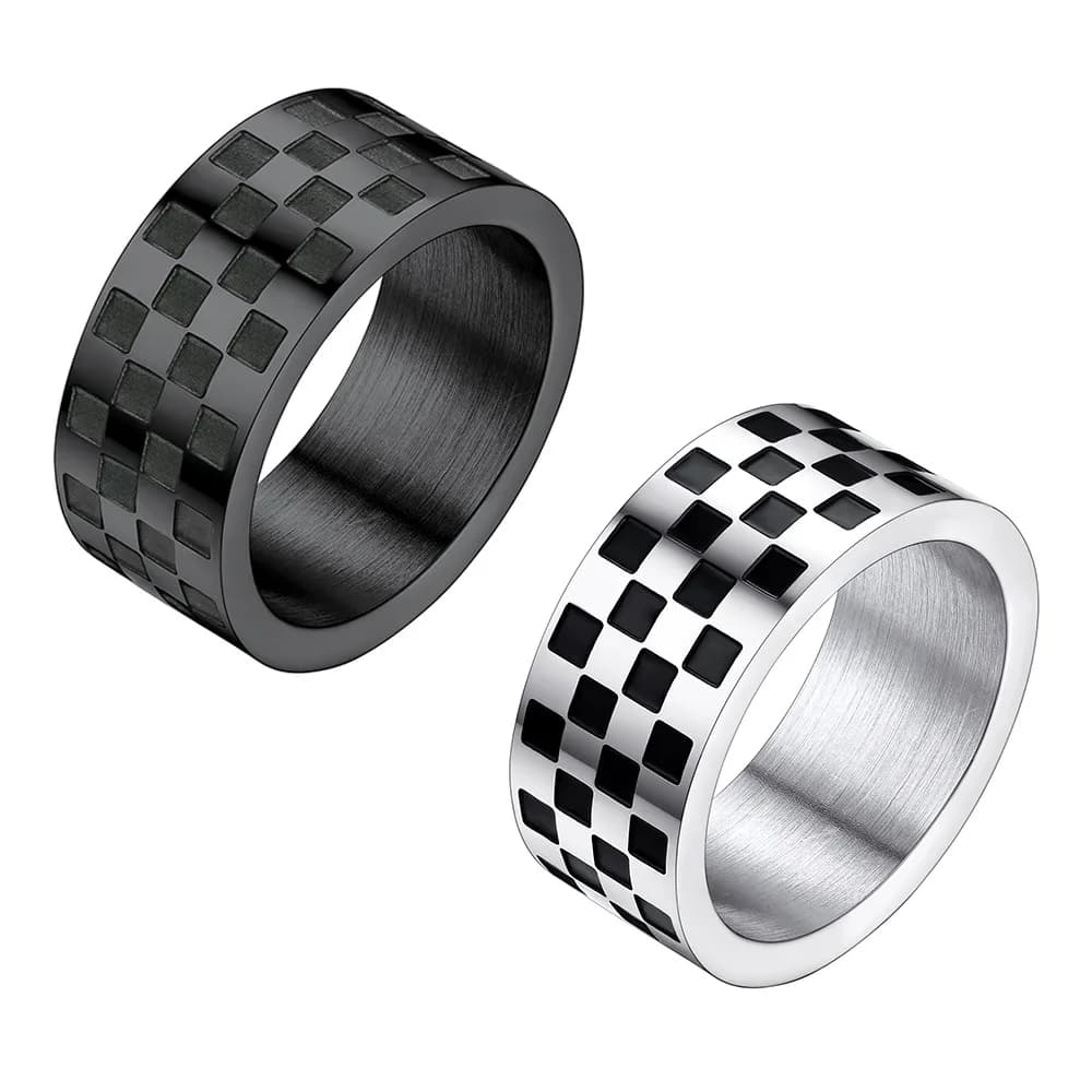 U7 Scacchiera in acciaio inossidabile Nero Bianco Scacchiera per scacchiera Anello per uomo Donna Punk Rock Anello elegante Regalo di gioielli QC25