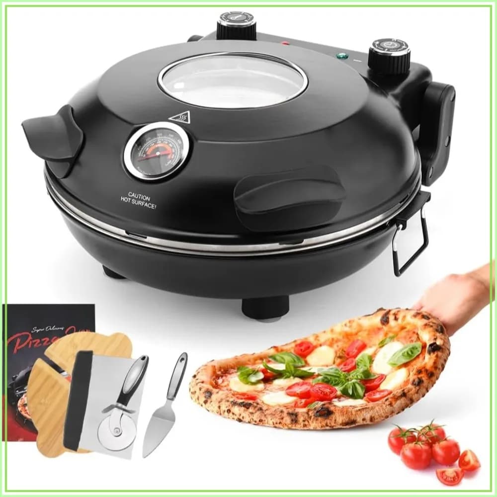 Electric Pizza Oven Indoor, 12 Inches Countertop Cooker, 800℉ Pizza Maker with Timer, Ceramic Stone, Viewing Window, Complete Accessory Kit