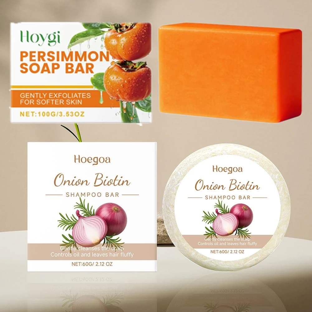 Shampoo Solido Naturale alla Cipolla e Cachi per la Cura dei Capelli, Anti-Forfora, Controllo Olio, Riparazione Doppie Punte, Nutrimento per Capelli Secchi e Crespi, Cura del Cuoio Capelluto