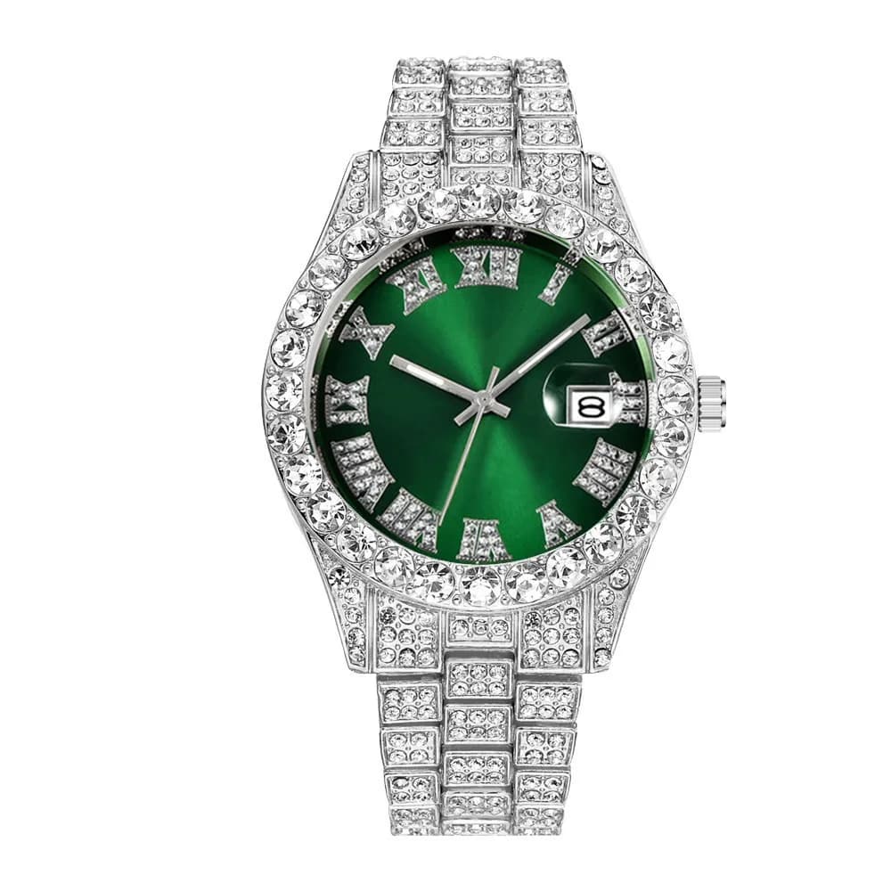Waterproof Iced Out Watch Date Display Paved Design Quartz Wristwatch Calendar Function Hip Hop Style Men Watch Jewelry Watch