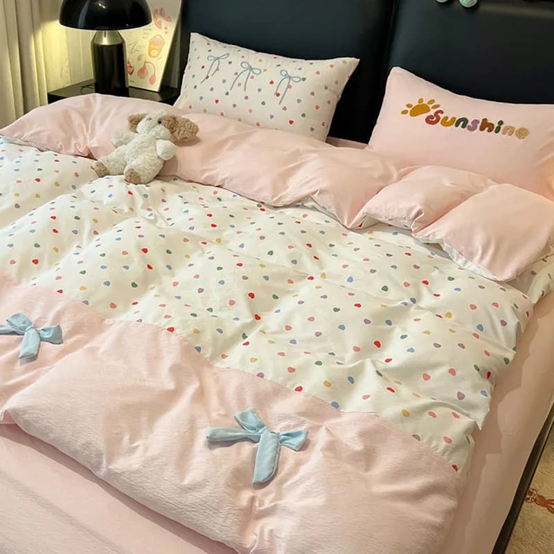 Girl Princess Style Pure Cotton Bedding Set Soft Sleep Naked Bow Bedclothes for Bedroom French Bed Decoration for Four Seasons