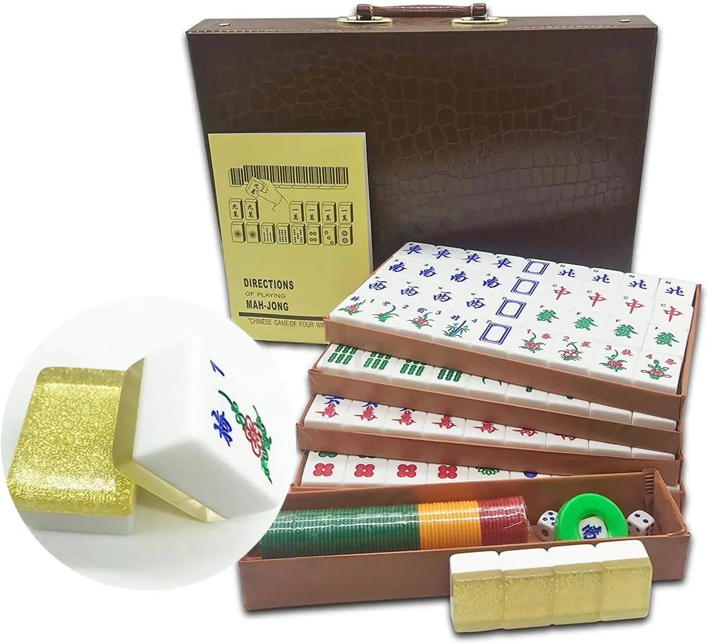 Set Mahjong 144 Tessere 1.5" Grandi in Acrilico Dorato Scintillante con Valigetta da Viaggio - Regole Cinesi