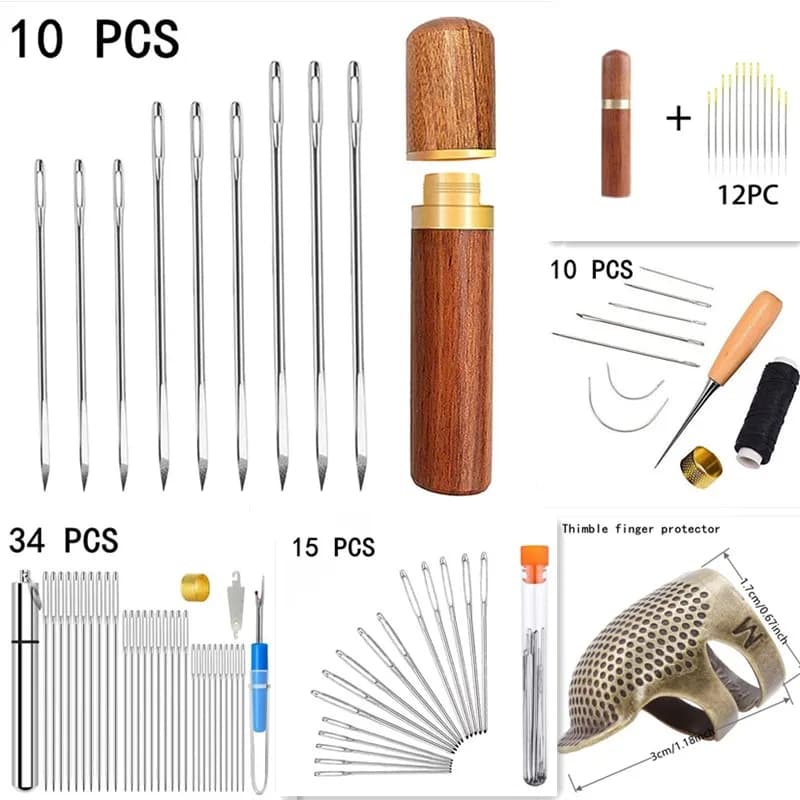 10pc Artigianale In Pelle FAI DA TE A Mano Ago Da Cucire BigEye Manuale Strumento di Ricamo Punto Tessuto Croce Blunt Pint A Maglia Aghi Ditale Kit