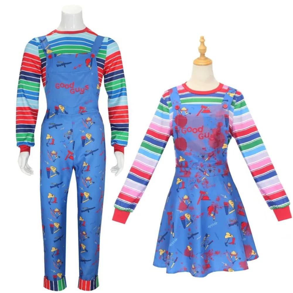 Adult Chucky Cosplay Costume with Striped Shirt and Jumpsuit for Chucky Overalls Halloween Costumes