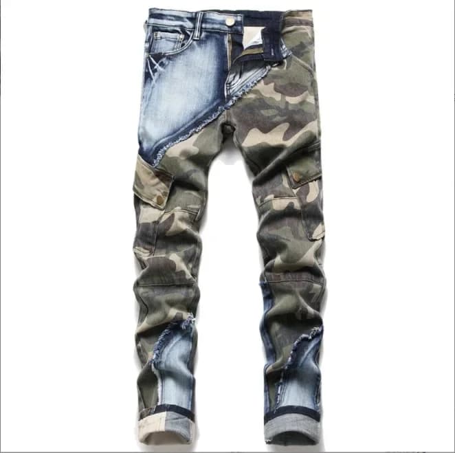 Nuovi jeans skinny alla moda personalizzati con blocchi di colore impiombati mimetici elasticizzati slim fit da uomo europei e americani.