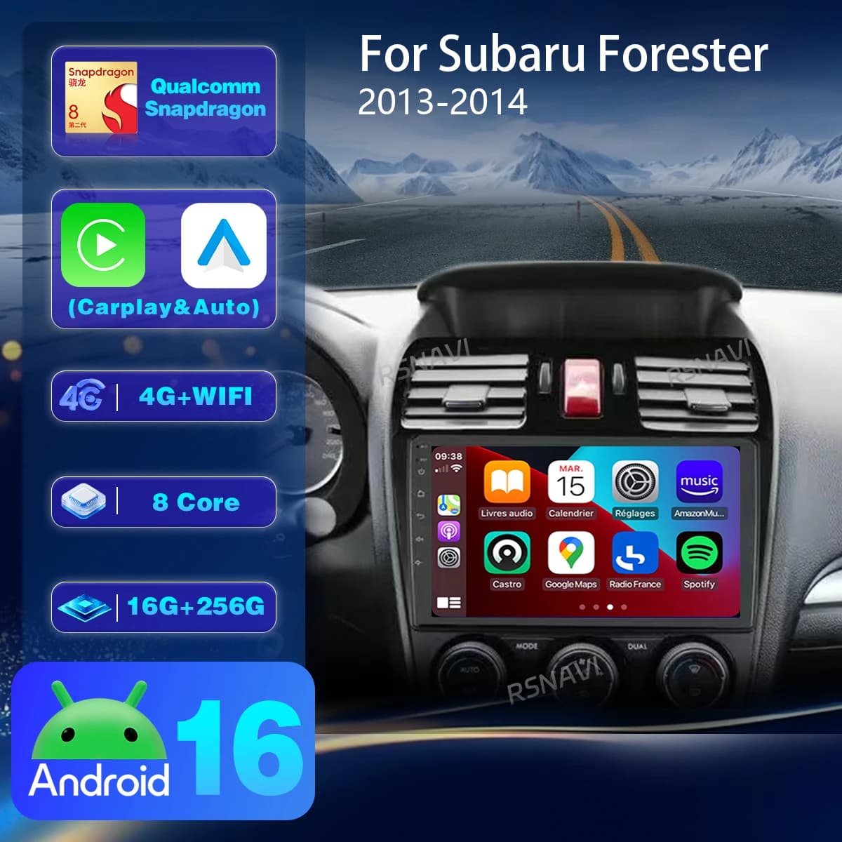 Autoradio Android 16 per Subaru Forester 4 SJ XV WRX 2012-2015 2018 con Carplay, lettore multimediale, Bluetooth, video e controllo tramite app.