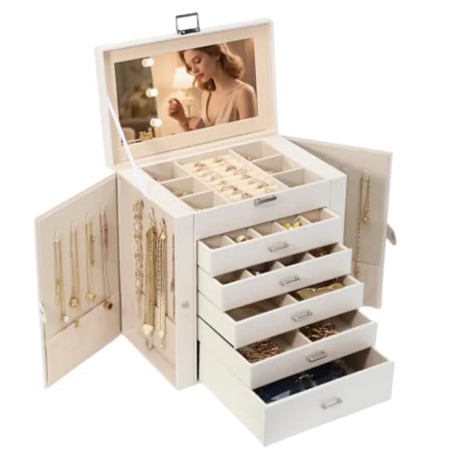 Portagioie da donna a 6 strati, grande organizer per gioielli con specchio, scatola portaoggetti multifunzione con serratura e porta accessori (con 5)