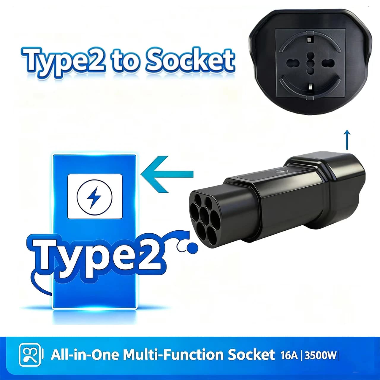 Type2 to 220V Schuko Adapter for Mobile EV Wallbox, Taps EU Outdoor Slow Chargers, Fits Schuko, Italian Swiss Standard Plugs