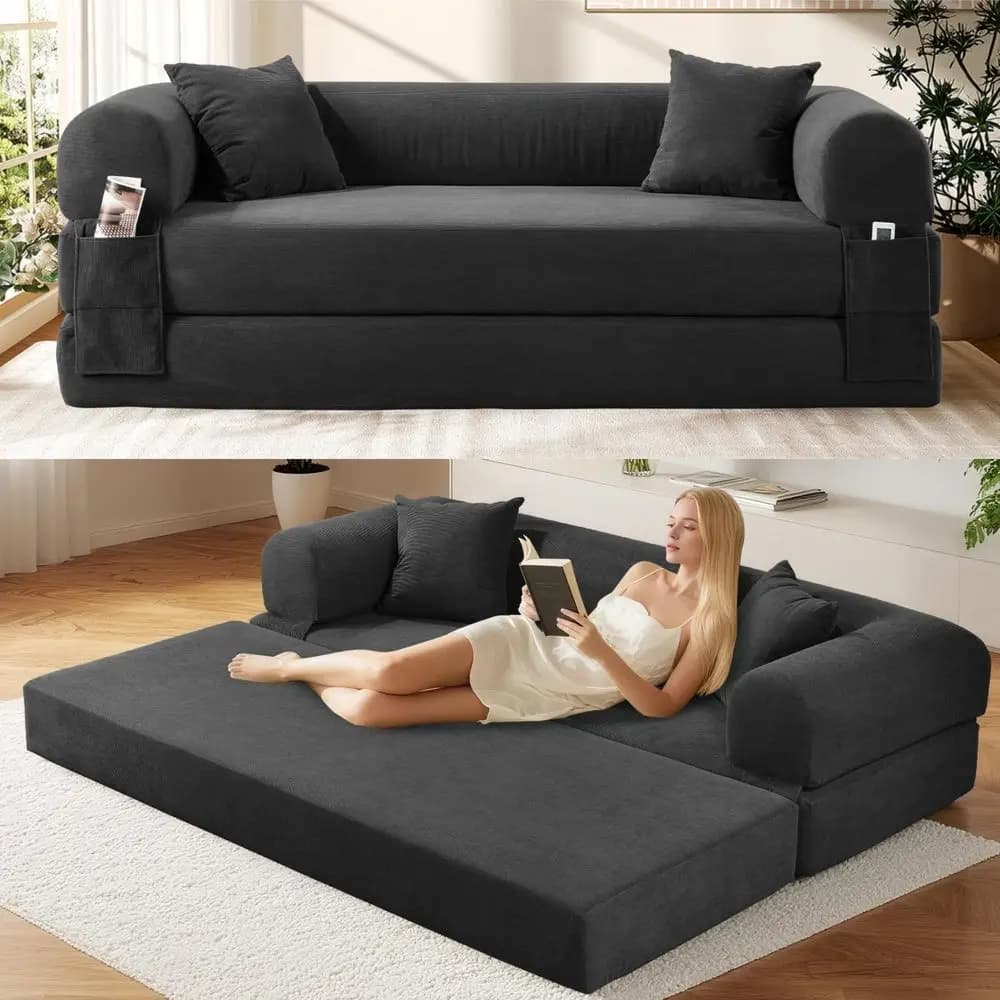 Divano letto futon, divano letto pieghevole 80 con cuscini e contenitore, divano letto matrimoniale, divano compresso in scatola, in velluto a coste