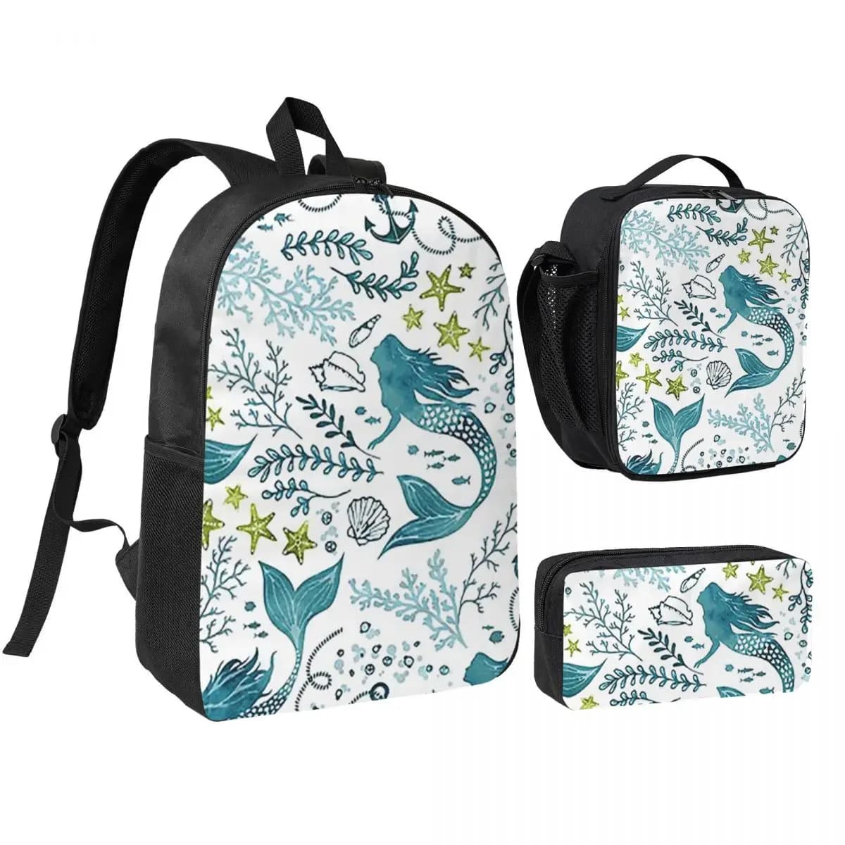 Zaino Mermaid Ocean Light per Studenti, Borsa Scuola, Borse a Tracolla, Set 3 Pezzi con Borsa Termica per il Pranzo e Astuccio