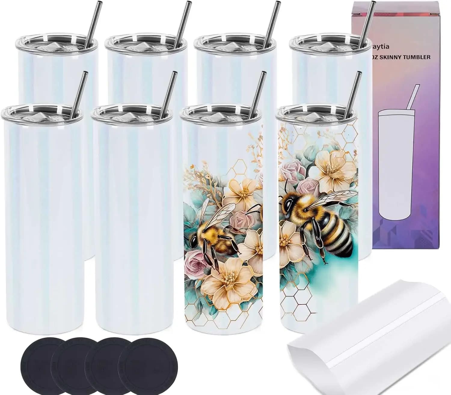 Set di 8 Tumbler Dritti da 20 Oz per Sublimazione con Glitter, in Acciaio Inossidabile, Personalizzabili con Scatole Regalo