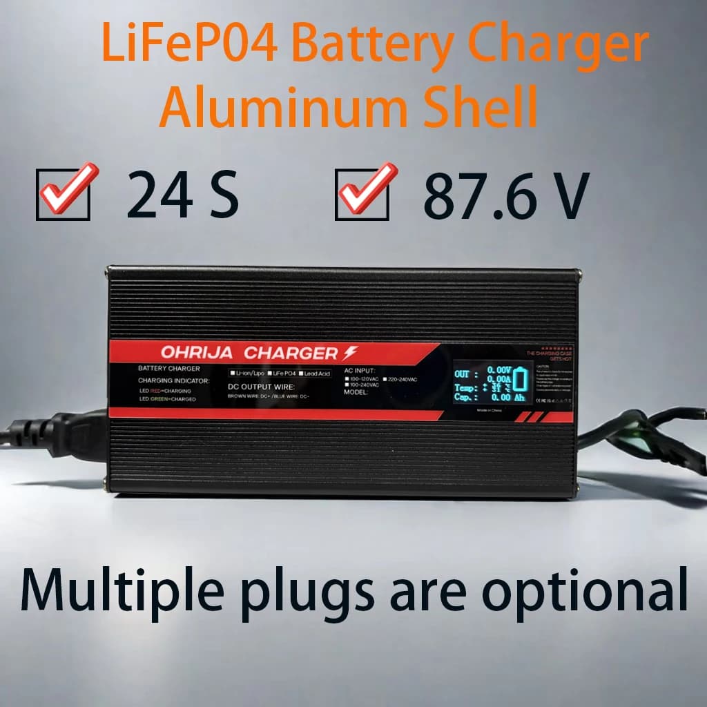 Caricabatterie rapido 87,6 V 10A per 24 corde 76,8 V LiFeP04 Caricabatterie display intelligente ad alta potenza con ventola Custodia in alluminio