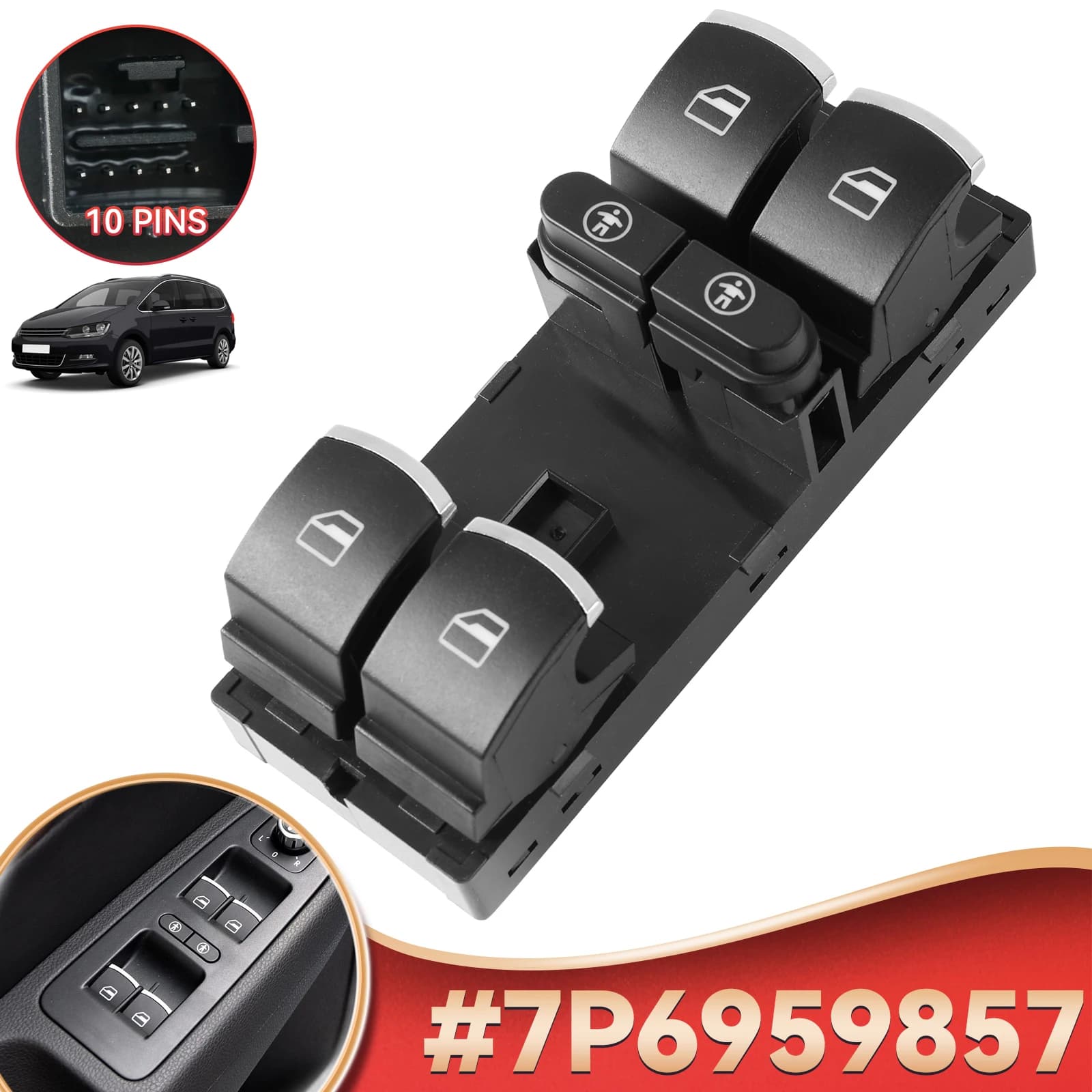 Per VW Touareg Sharan Touran Per Seat Alhambra 2011-2016 Elettrico Chrome Master Finestra di Potere Interruttore Pulsante 7P 6959857 Accessori
