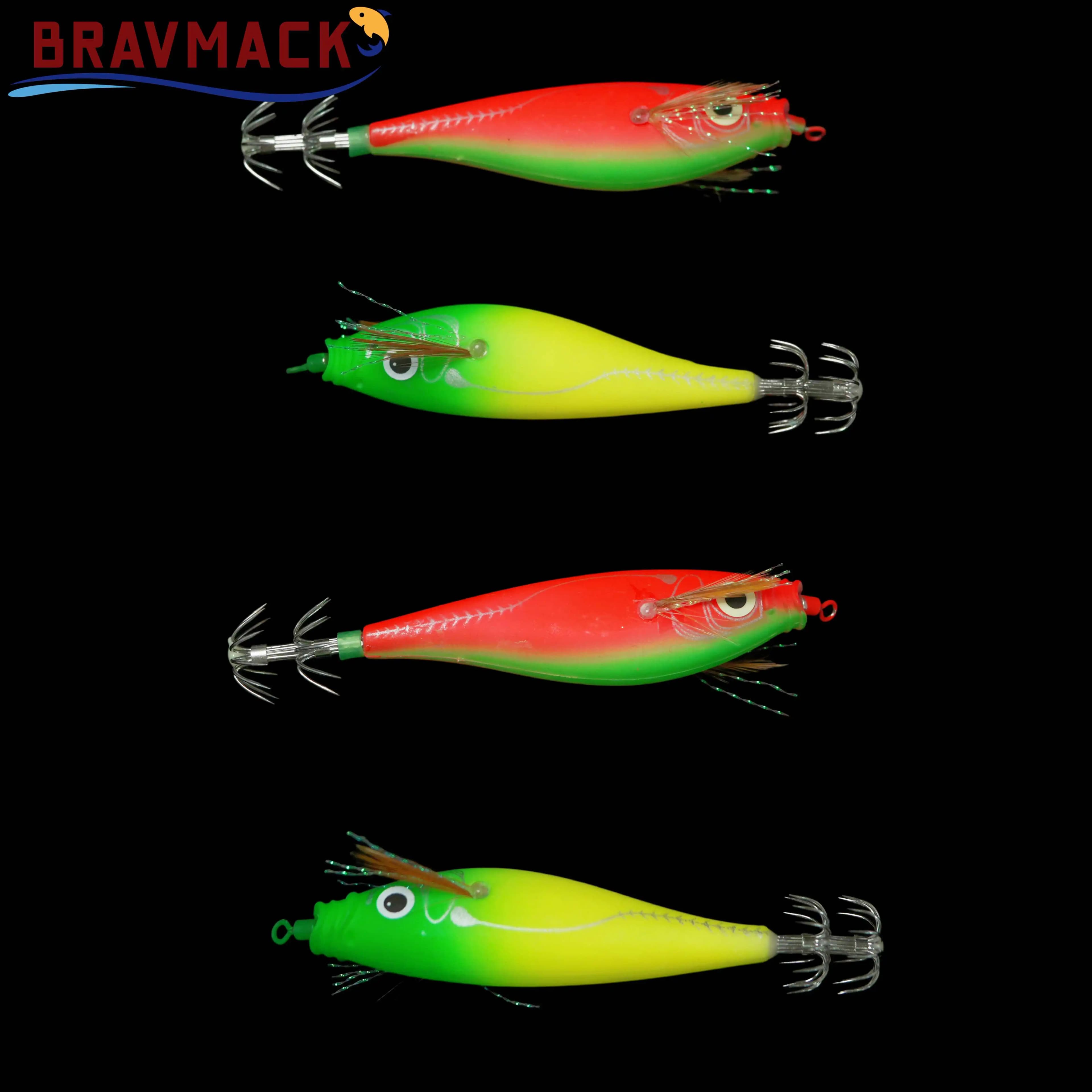 BRAVMACK Colorful Hard Lure 4PCS 10cm Glow In Dark Squid Jig Luminous Wood Shrimp Bait Octopus Cuttlefish Saltwater Fishing