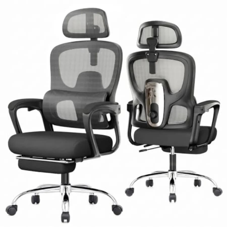 Ergonomic Office Chair with Footrest for Home/Office Use, Black Mesh Back and Seat, 90-145 Reclining with Lumbar Support