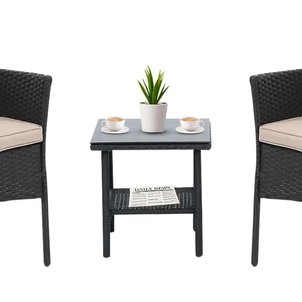 Set di mobili da giardino da esterno neri in 3 pezzi con sedie, tavolo e cuscini in rattan PE per giardino, balcone e bordo piscina