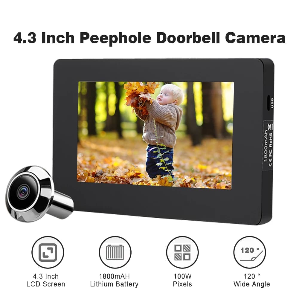 120 ° Spioncino grandangolare Videocitofono da 4,3 pollici con campanello Monitor da 100 W Pixel LCD Cat Eye Spioncino per porta Protezione di sicurezza