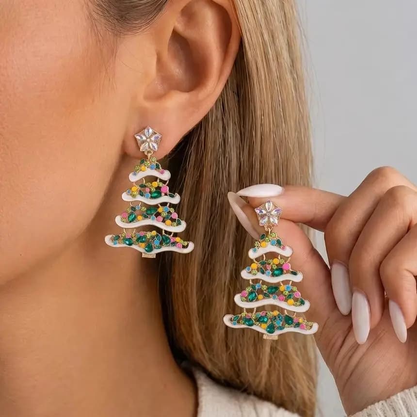 Fashion Enamel Christmas Tree Dangle Earring for Women Colorful Imitation Pearl Rhinestone Earrings Xmas Holiday Jewelry Gift