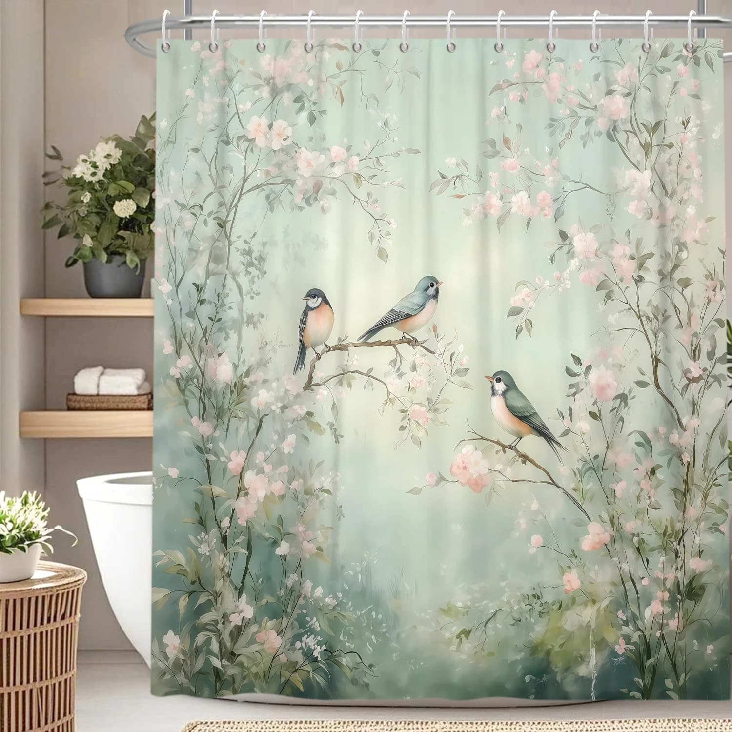 Tende da doccia con stampa floreale e uccelli in acquerello, tende da bagno impermeabili con stampa naturale per l'arredamento del bagno, tessuto in poliestere con 12 ganci