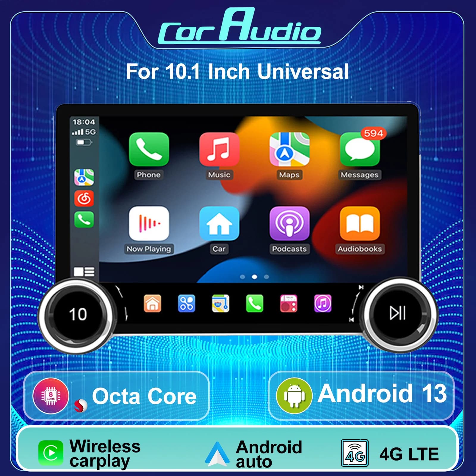 Multimediale Universale, doble perilla, CarPlay, Android, Auto Pixel, 1280x800, GPS, stereo, 10,1 pollici, dab, radio coche bluetooth