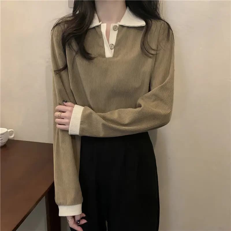 Maglione Autunnale da Donna con Blocchi di Colore, Imbottito e Spesso, Nuovo Modello a Maniche Lunghe con Collo a Polo, Versatile e Personalizzato