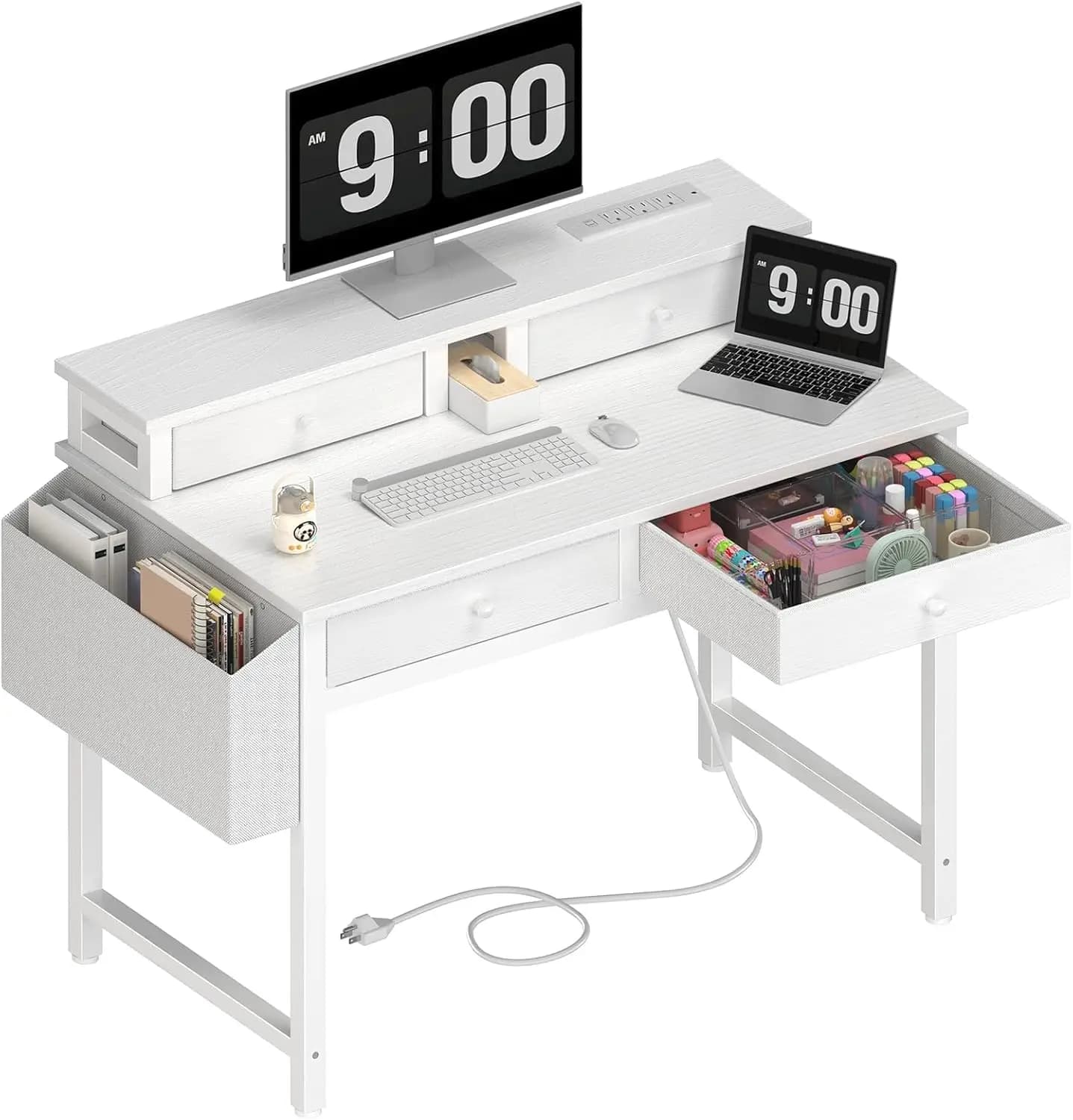 Scrivania per Bambini da 32 Pollici con Cassetti in Tessuto, Presa di Corrente e Supporto per Monitor per Camera da Letto o Ufficio Domestico