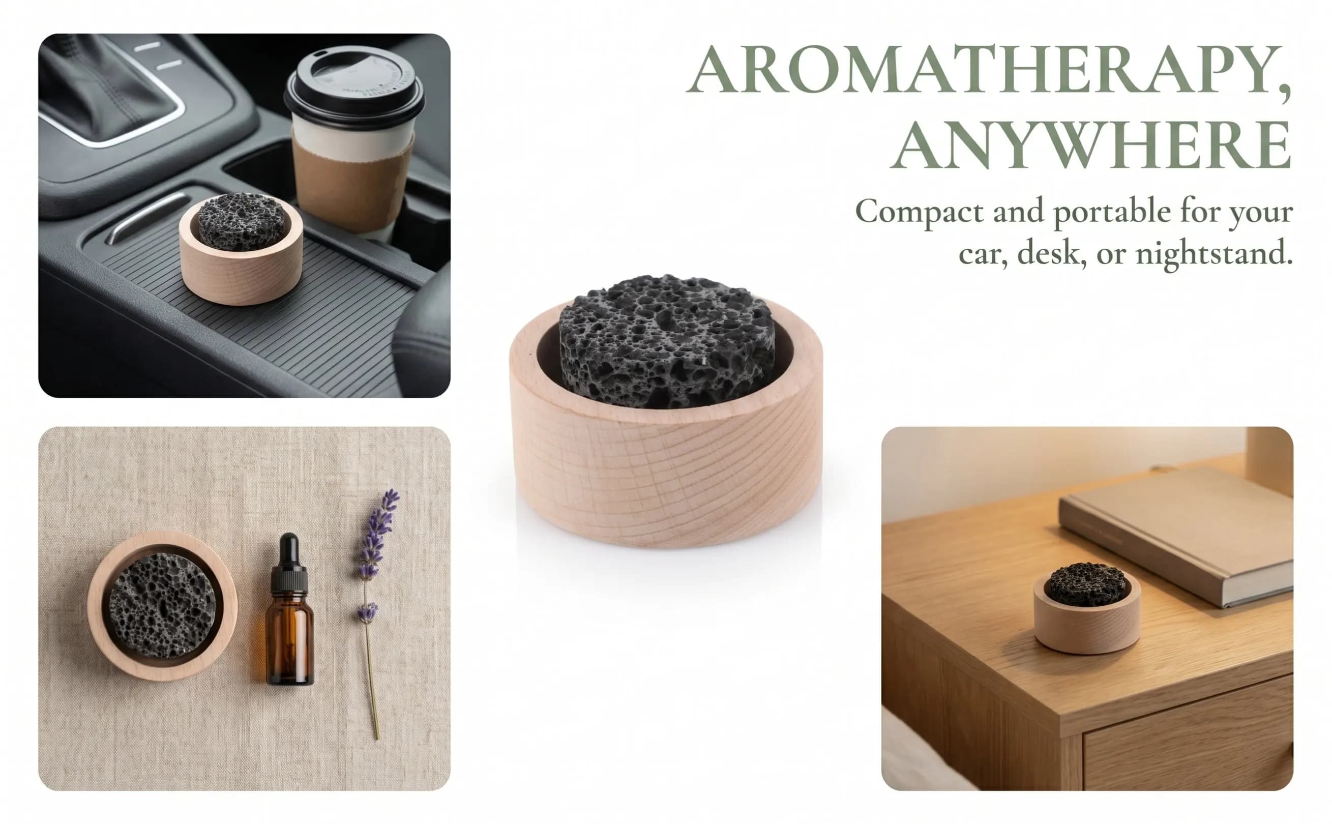 Small Passive Lava Rock Diffuser Natural Wood Base Essential Oil Stone Aroma Diffuser Fragrance Stone for Bedroom Office