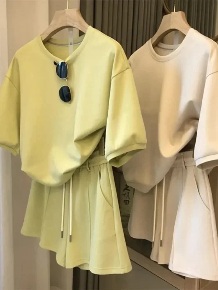 Women Two Piece Set Short Casual Sportswear Set Summer Loose Short Sleeved with Round Neck Pockets Fashion Outifits