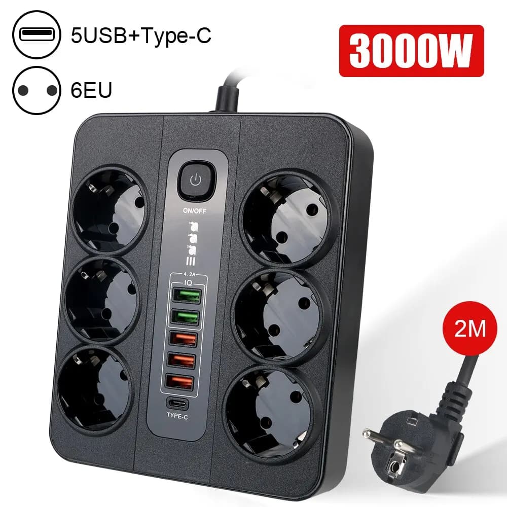 Extension socket with safety lock for office plug ue 3000W 2M cable overload protection USB ports type C