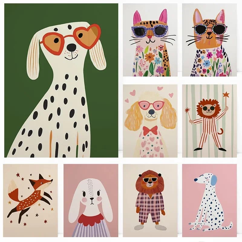 1pc frameless Canvas Painting Basset Hound Dog In Sunglass Cool Lion Pink Pajama Poster Print Wall Art Pictures Canvas Painting