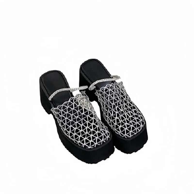 Black Platform Heels Sandals Summer Mesh Sandals Woman Close Toe Block Heels Slippers Rhinestone Ladies Shoes Sandalias Mujer