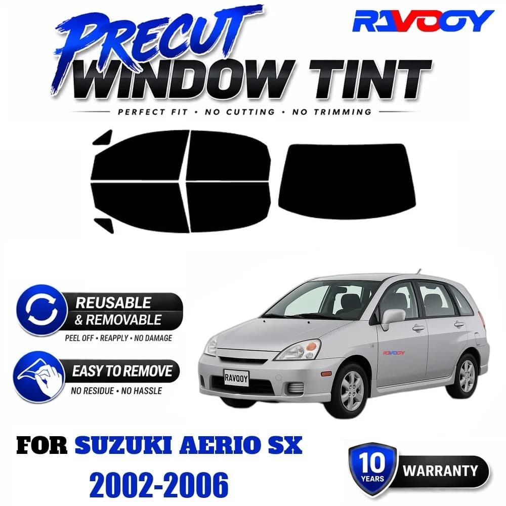 RAVOOY Precut Window Tint, Reusable Removable EPU Film, Custom Fit for Suzuki Aerio SX 2002-2006, UV Heat Protection