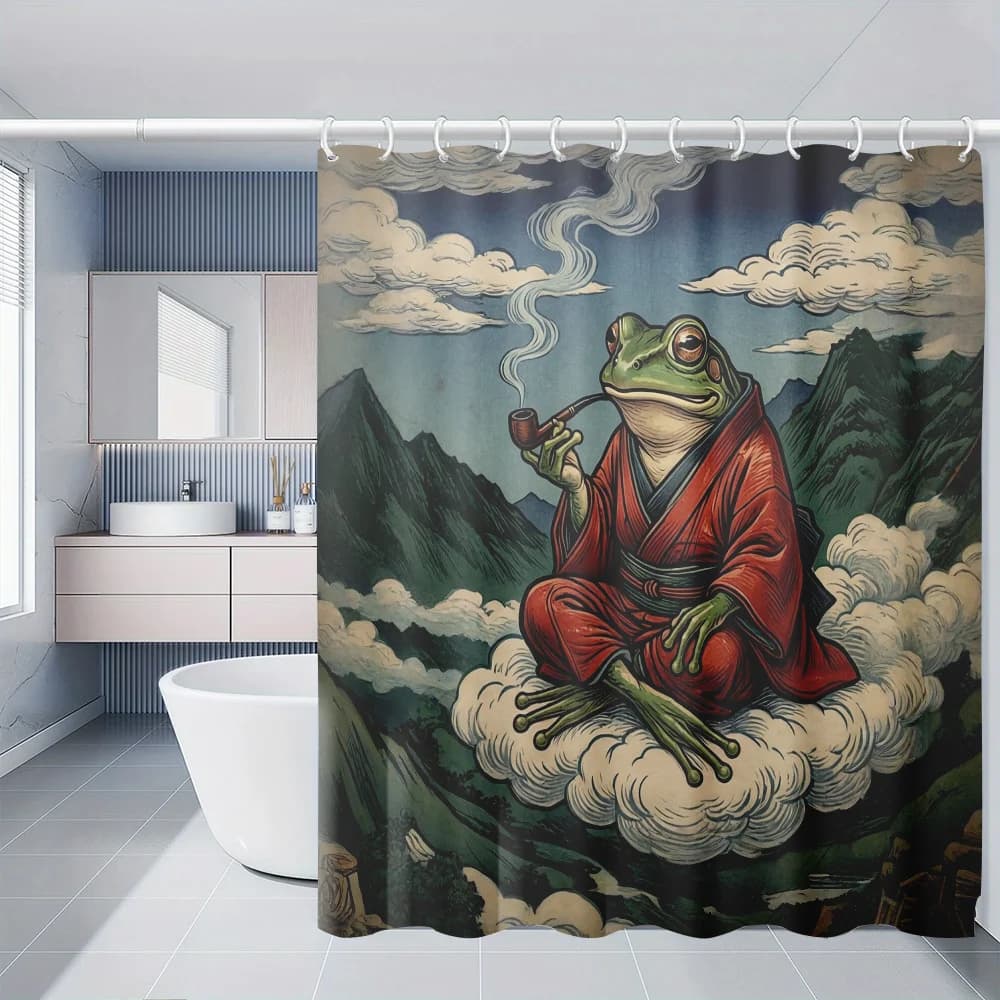 Funny Zen Frog Shower Curtain, Red Robe Smoking Pipe Cartoon Animal Pattern Waterproof Bathroom Decor, Cool Art Bath Screen